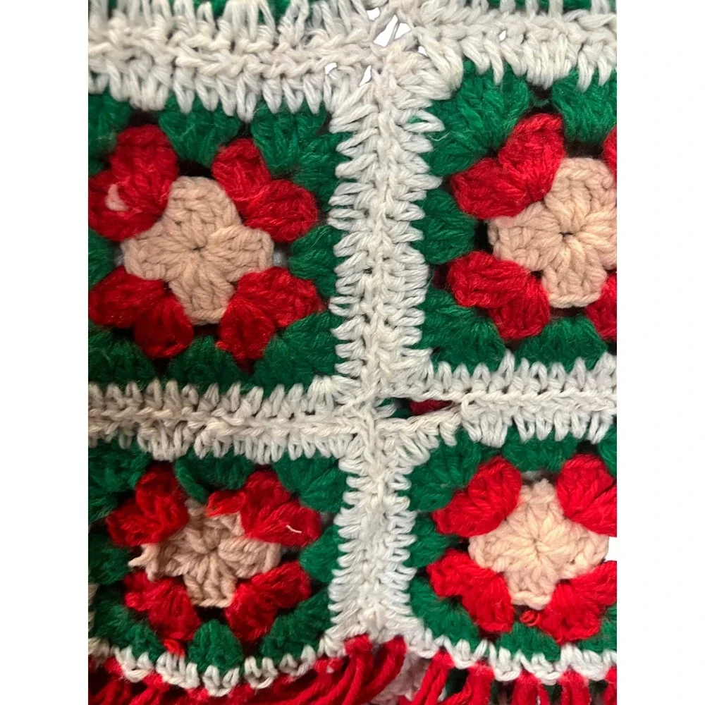 Vintage Handmade Granny Square Crochet Blanket Throw Red Green Fringe 60x45